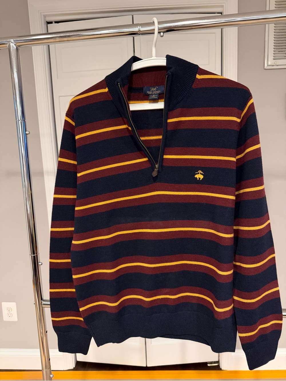 Brooks Brothers Striped Quarter-Zip Sweater - Navy, Burgundy & Gold